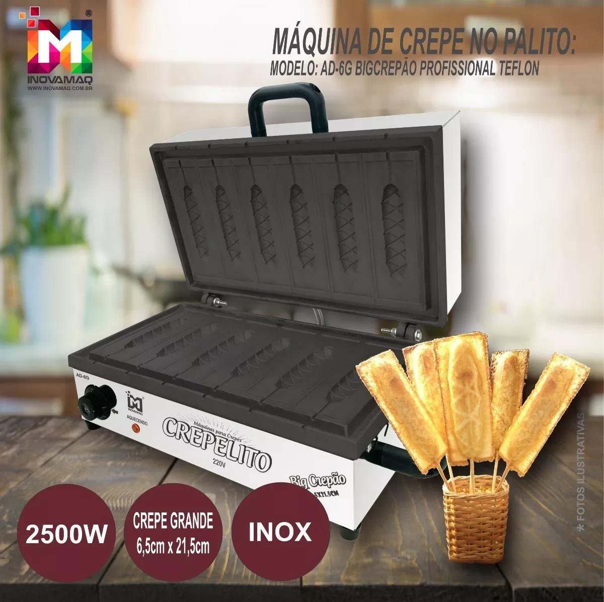 Foto 3 de Máquina de Crepe 6 Cavidades Antiaderente - Modelo AD6G - Big Crepão Teflon 220v